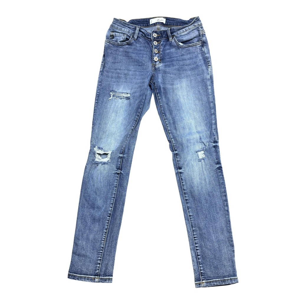 KanCan Jeans Womens 7/27 Blue High Rise Button Fly Distressed Skinny Denim